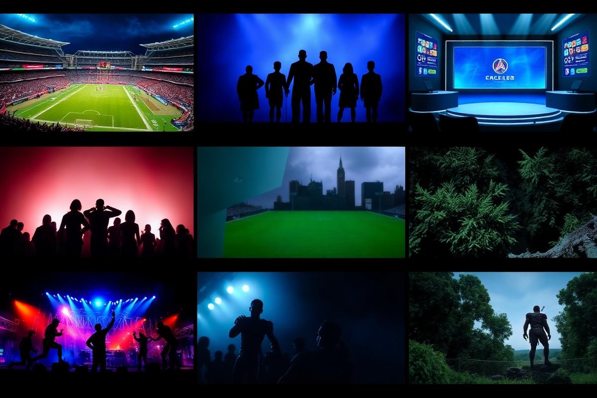 Mosaico de categorias de canais do IPTV: esportes, filmes, séries, notícias