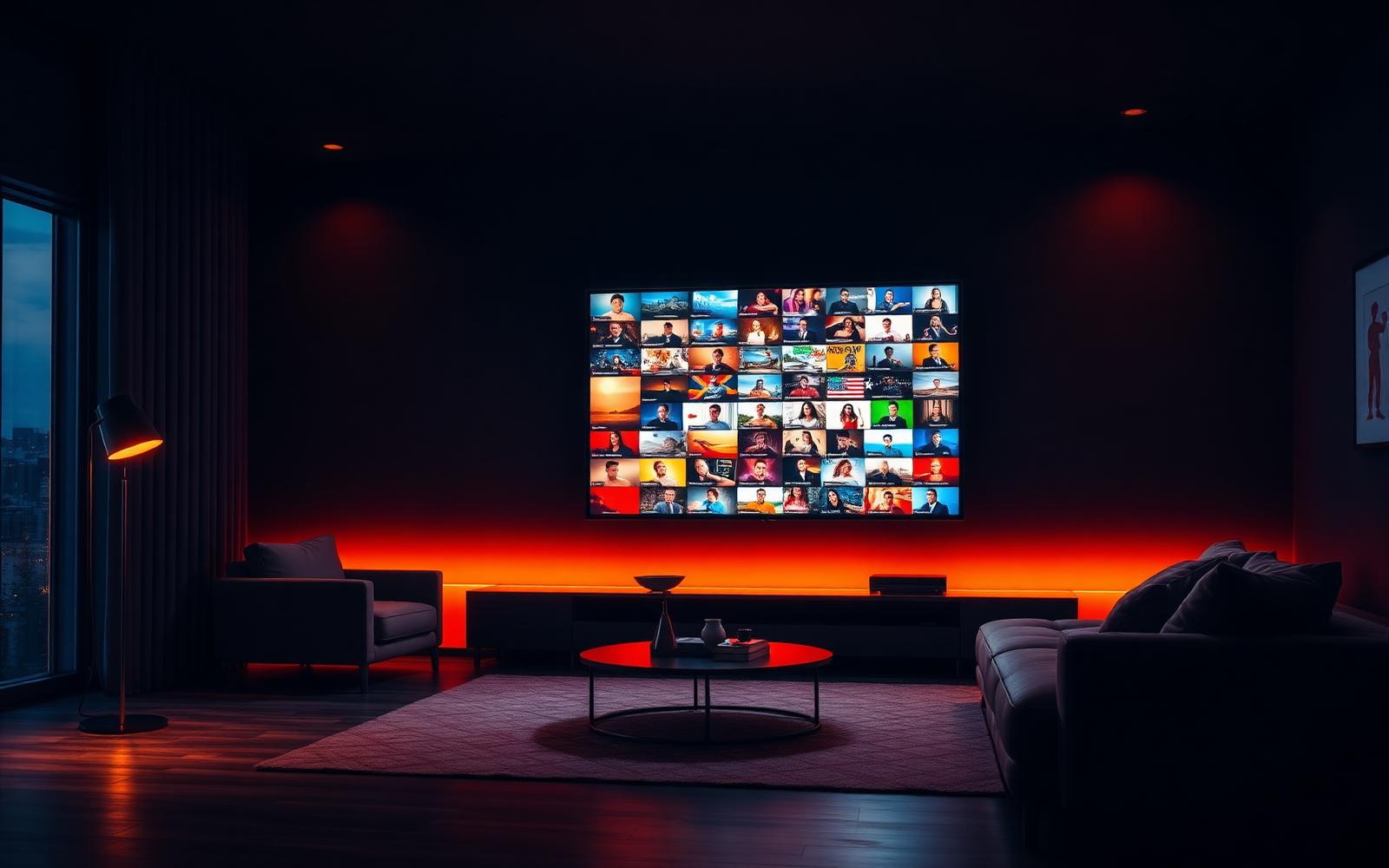 Sala de estar moderna com Smart TV exibindo grade de canais do M3u Set IPTV